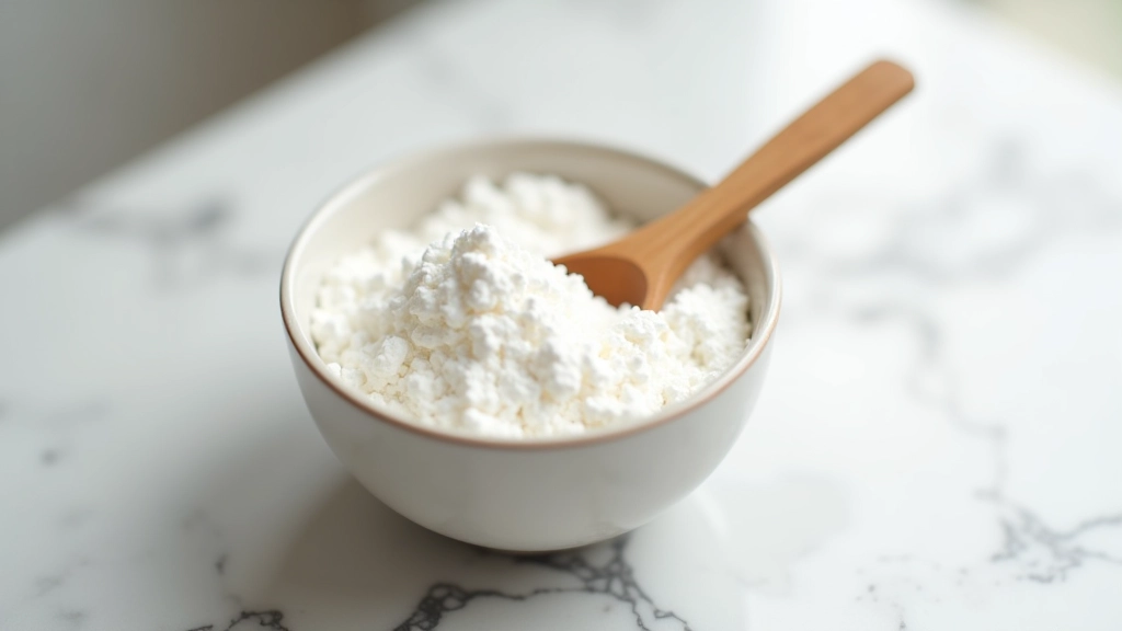 Bicarbonate de soude en poudre blanche dans un bol en céramique, cuillère en bois, sur surface en marbre gris clair