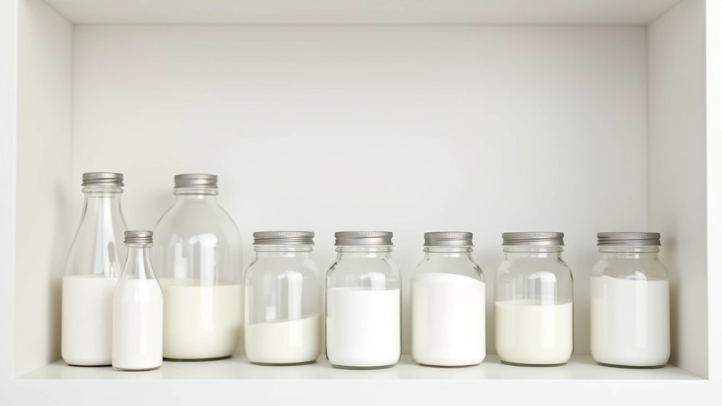 Étagère d'une cuisine française avec bocaux en verre remplis de bicarbonate, vinaigre blanc et autres ingrédients, organisation minimaliste et propre