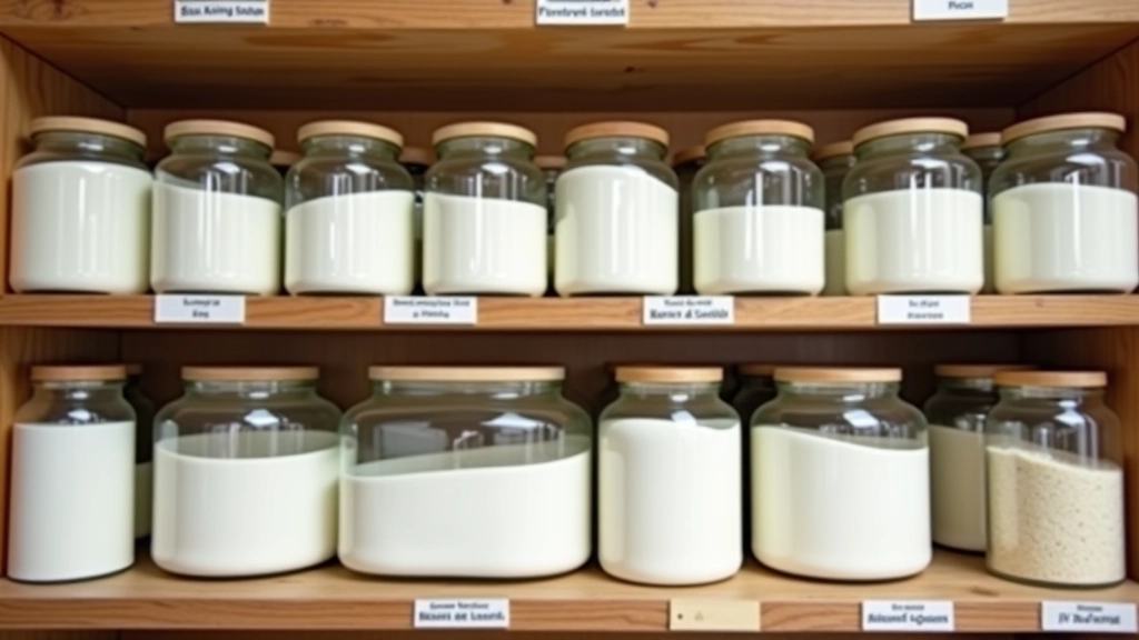 Rangée de bocaux vides en verre dans un magasin vrac français, prêts pour le remplissage de vinaigre blanc et bicarbonate