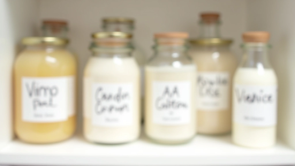 Gros plan sur plusieurs bocaux avec étiquettes manuscrites lisibles, noms et dates clairement visibles, rangés sur une étagère