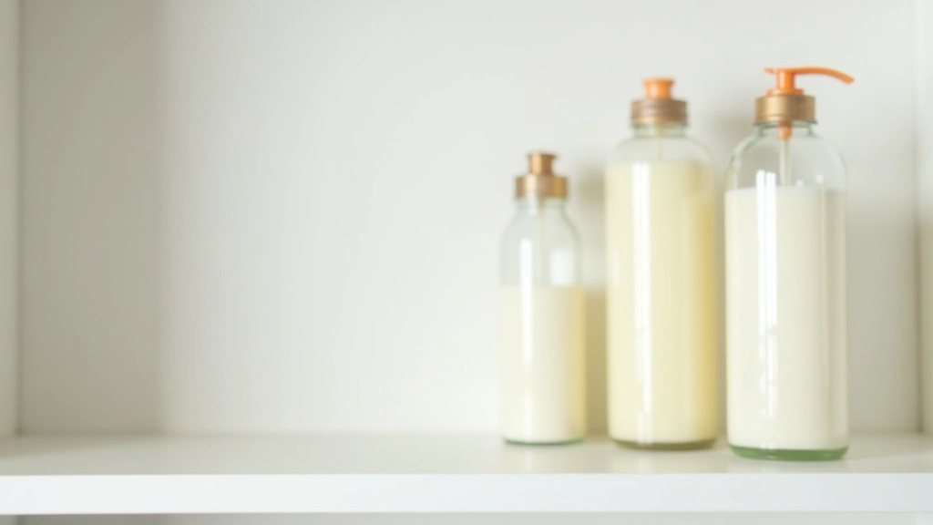 Bouteilles de nettoyants maison faits avec vinaigre blanc et bicarbonate, rangées proprement sur étagère blanche, lumière naturelle