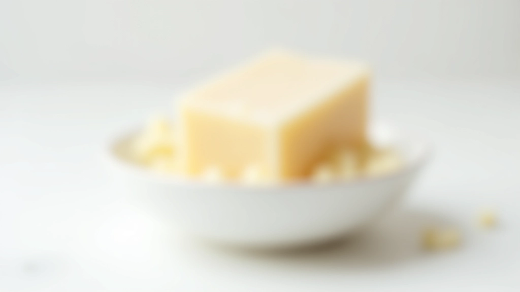 Cube de savon de Marseille véritable beige, râpé partiellement dans un bol blanc, avec copeaux de savon éparpillés, fond blanc épuré