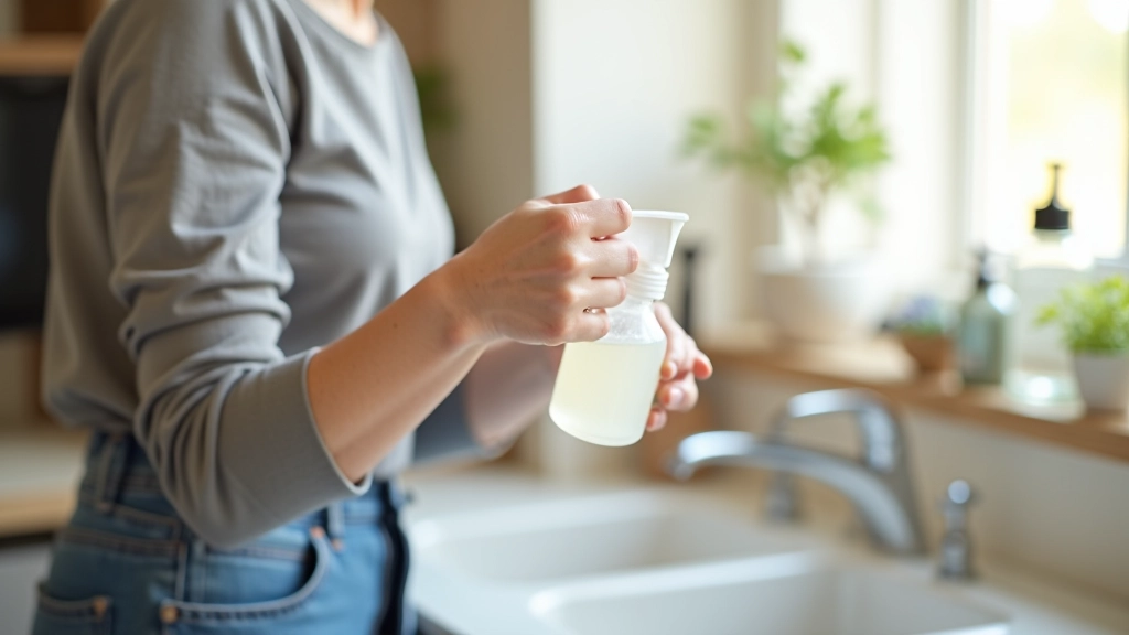 Bouteille de vinaigre blanc clair versée dans un vaporisateur transparent, cuisine moderne en arrière-plan, gros plan du liquide