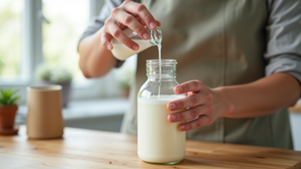 Personne versant du vinaigre blanc dans une bouteille en verre réutilisable pour le remplissage en vrac, gestes pratiques à domicile