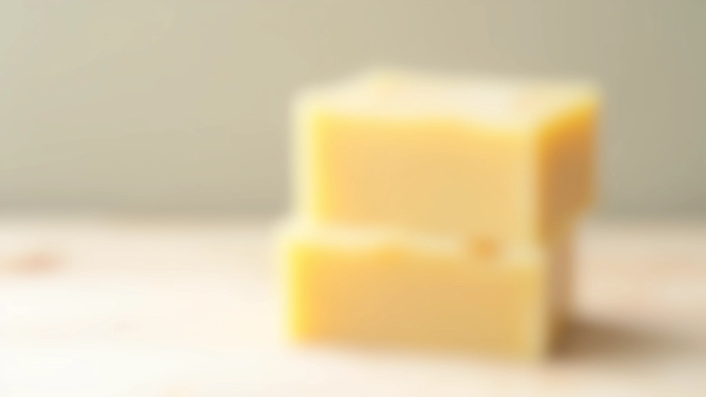 Trois cubes de savon de Marseille naturel de couleur ivoire empilés, surface de bois clair, ombre douce