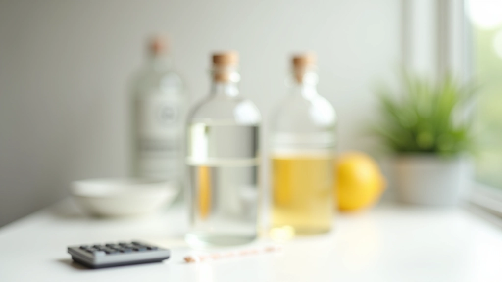 Deux bouteilles de vinaigre blanc côte à côte, une transparente générique et une de marque avec étiquette colorée, sur fond blanc avec calcul visible