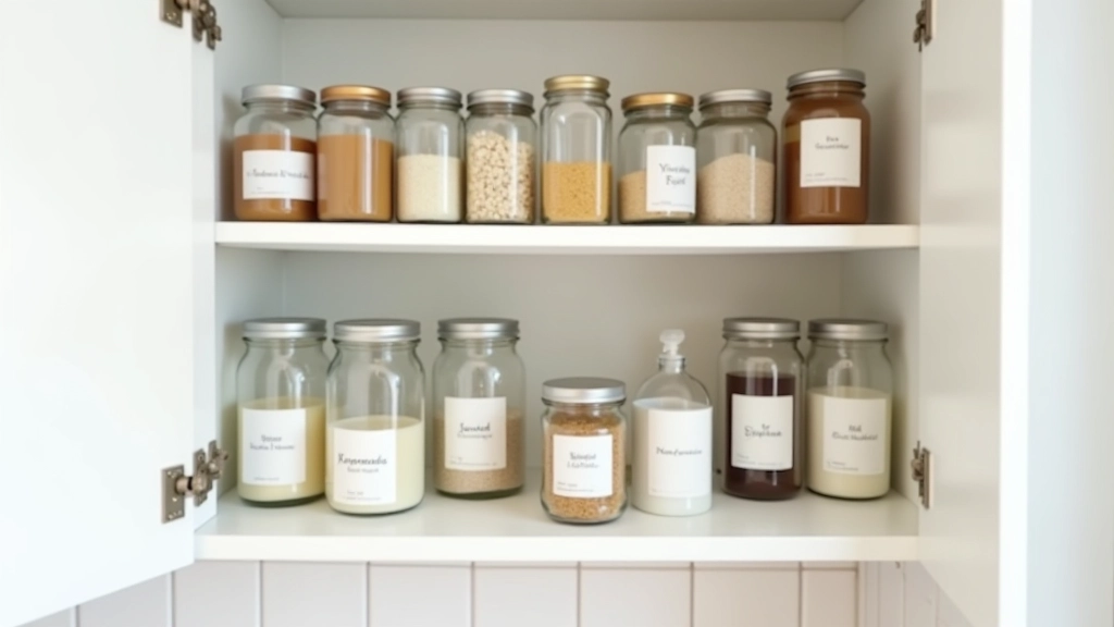 Placard bien organisé avec bocaux groupés par catégories, chaque zone clairement séparée, étiquetage visible, intérieur de placard français
