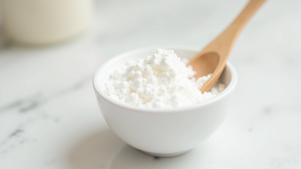 Boîte de bicarbonate de soude blanc pur versée dans un bol en céramique blanche, cuillère à côté, surface de travail épurée