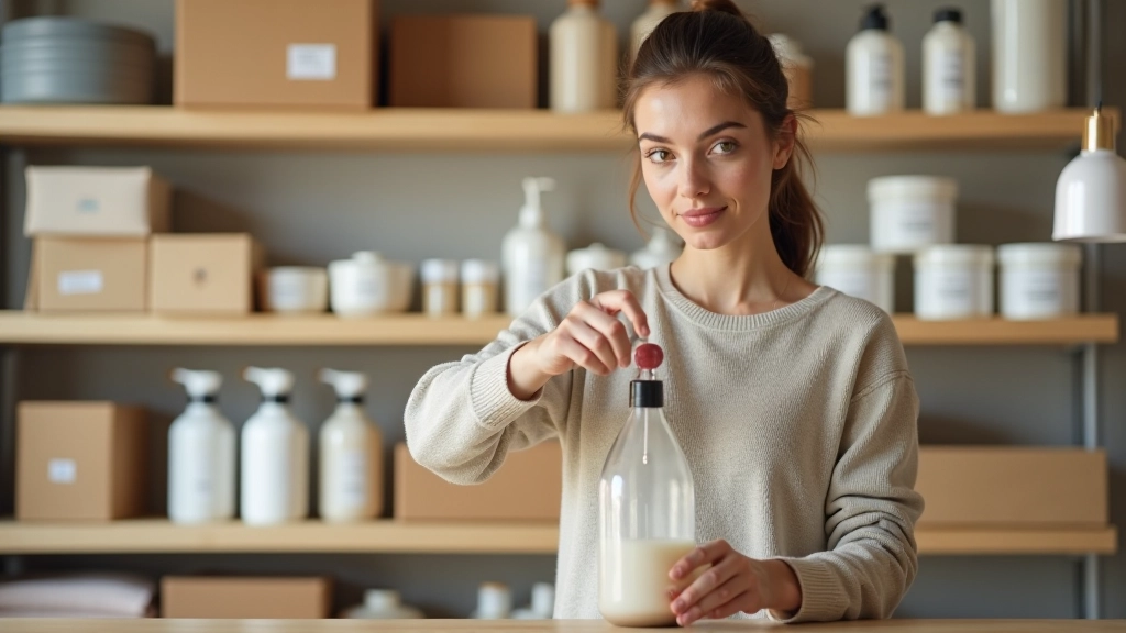 Femme pesant et remplissant une bouteille en verre de vinaigre blanc à une station de recharge en magasin