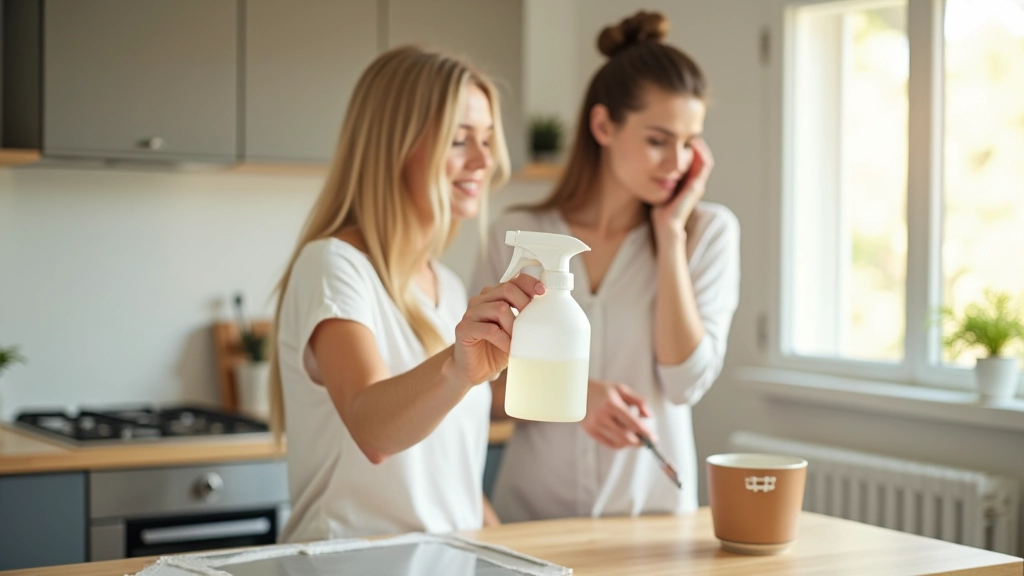 Femme dans cuisine française versant vinaigre blanc dans flacon spray, préparant nettoyant maison, lumière naturelle de fenêtre
