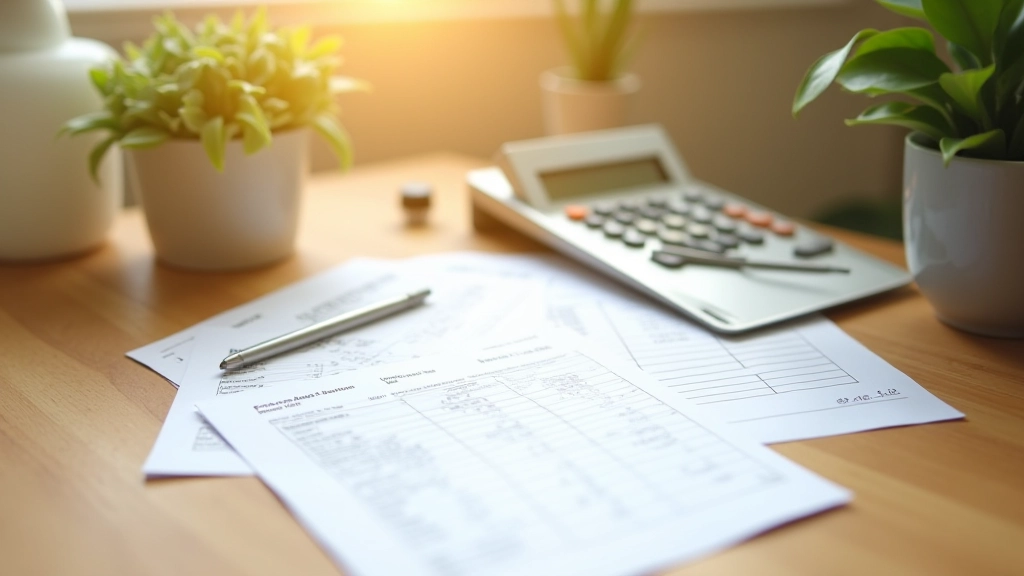 Table de cuisine avec calculatrice, factures de produits ménagers et liste de prix comparatifs, stylo bleu sur papier blanc